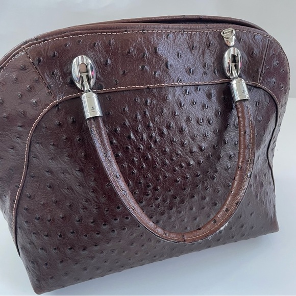 BORSE IN PELLE Genuine Leather Burgundy Brown Ostrich Embossed Satchel ITALY - Picture 3 of 12